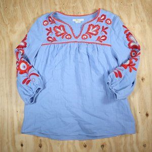 Boden Blue Red Embroidered Floral Bishop Sleeve Peasant Top Blouse Women's 8